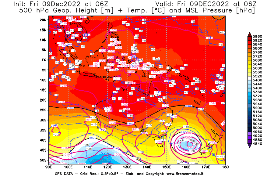 Mappa di analisi GFS - Geopotenziale [m] + Temp. [°C] a 500 hPa + Press. a livello del mare [hPa] in Oceania
							del 09/12/2022 06 <!--googleoff: index-->UTC<!--googleon: index-->