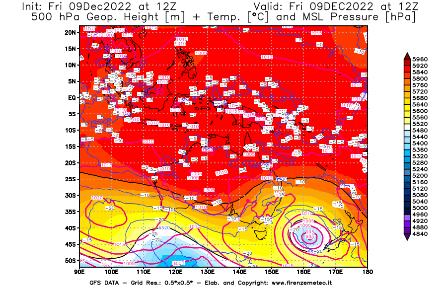 Mappa di analisi GFS - Geopotenziale [m] + Temp. [°C] a 500 hPa + Press. a livello del mare [hPa] in Oceania
							del 09/12/2022 12 <!--googleoff: index-->UTC<!--googleon: index-->