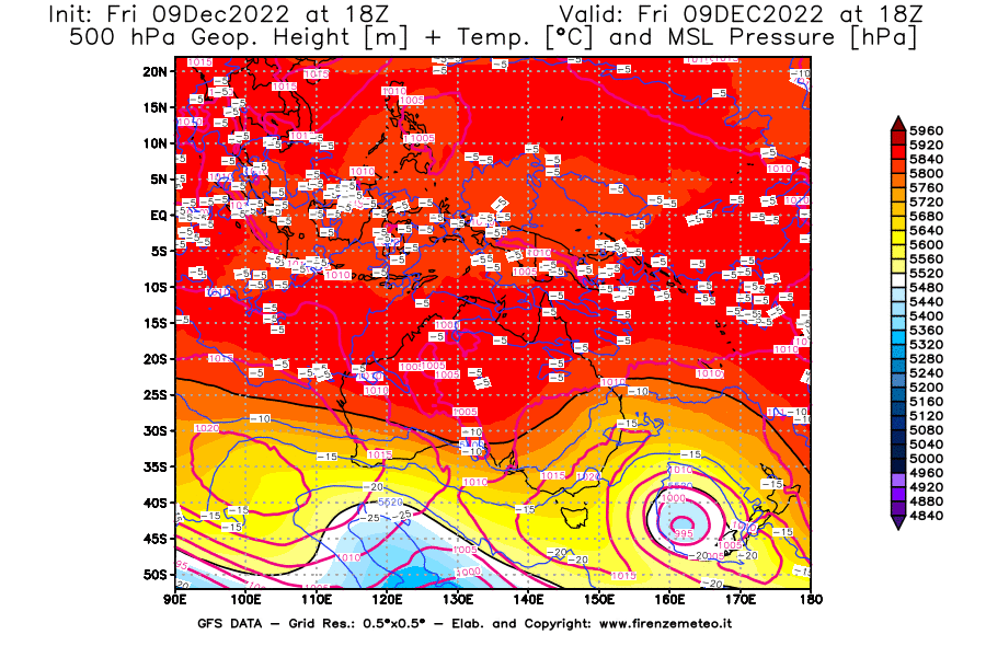 Mappa di analisi GFS - Geopotenziale [m] + Temp. [°C] a 500 hPa + Press. a livello del mare [hPa] in Oceania
							del 09/12/2022 18 <!--googleoff: index-->UTC<!--googleon: index-->