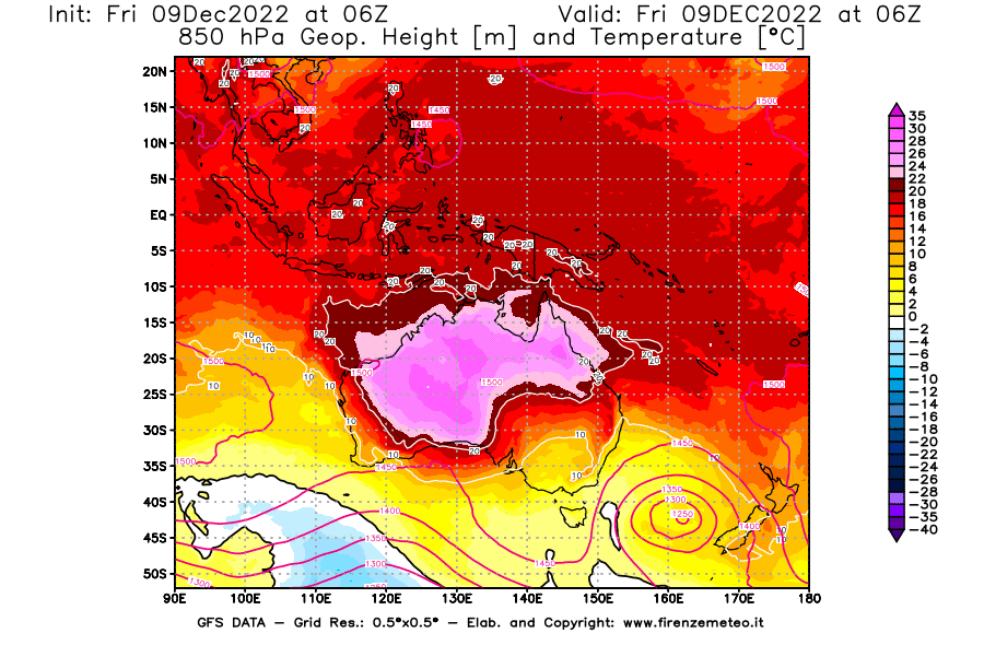 Mappa di analisi GFS - Geopotenziale [m] e Temperatura [°C] a 850 hPa in Oceania
							del 09/12/2022 06 <!--googleoff: index-->UTC<!--googleon: index-->