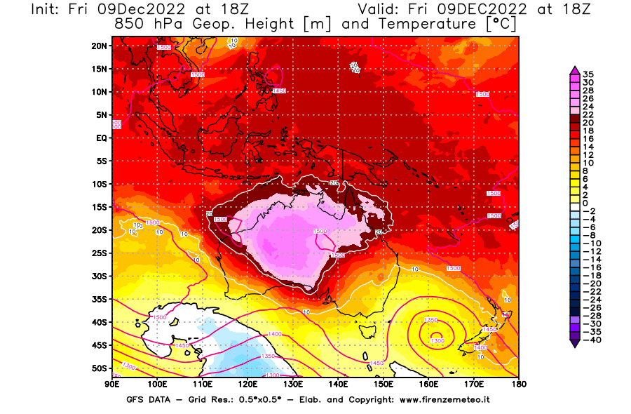 Mappa di analisi GFS - Geopotenziale [m] e Temperatura [°C] a 850 hPa in Oceania
							del 09/12/2022 18 <!--googleoff: index-->UTC<!--googleon: index-->