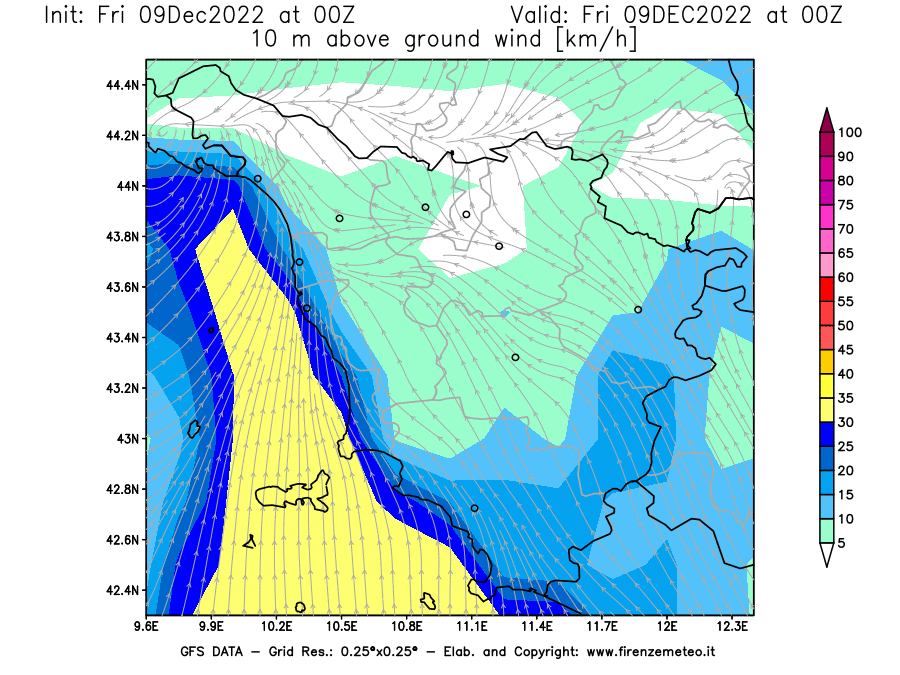 Mappa di analisi GFS - Velocità del vento a 10 metri dal suolo [km/h] in Toscana
							del 09/12/2022 00 <!--googleoff: index-->UTC<!--googleon: index-->