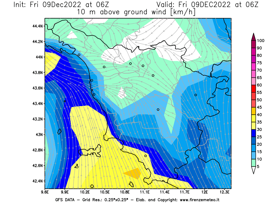 Mappa di analisi GFS - Velocità del vento a 10 metri dal suolo [km/h] in Toscana
							del 09/12/2022 06 <!--googleoff: index-->UTC<!--googleon: index-->