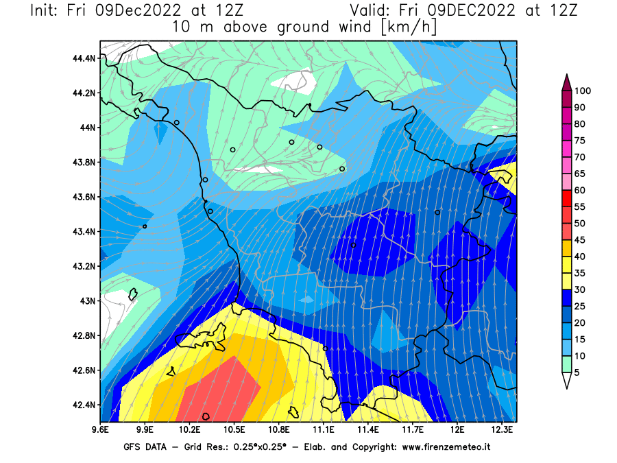 Mappa di analisi GFS - Velocità del vento a 10 metri dal suolo [km/h] in Toscana
							del 09/12/2022 12 <!--googleoff: index-->UTC<!--googleon: index-->