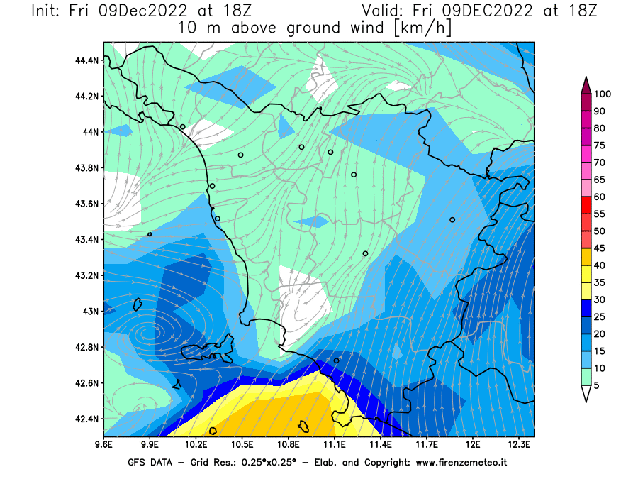 Mappa di analisi GFS - Velocità del vento a 10 metri dal suolo [km/h] in Toscana
							del 09/12/2022 18 <!--googleoff: index-->UTC<!--googleon: index-->