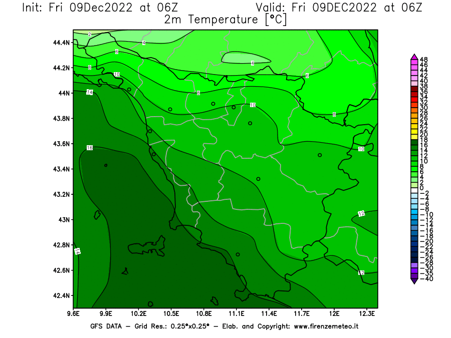 Mappa di analisi GFS - Temperatura a 2 metri dal suolo [°C] in Toscana
							del 09/12/2022 06 <!--googleoff: index-->UTC<!--googleon: index-->