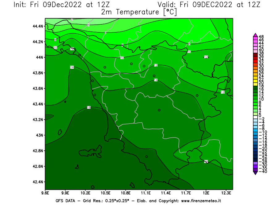Mappa di analisi GFS - Temperatura a 2 metri dal suolo [°C] in Toscana
							del 09/12/2022 12 <!--googleoff: index-->UTC<!--googleon: index-->