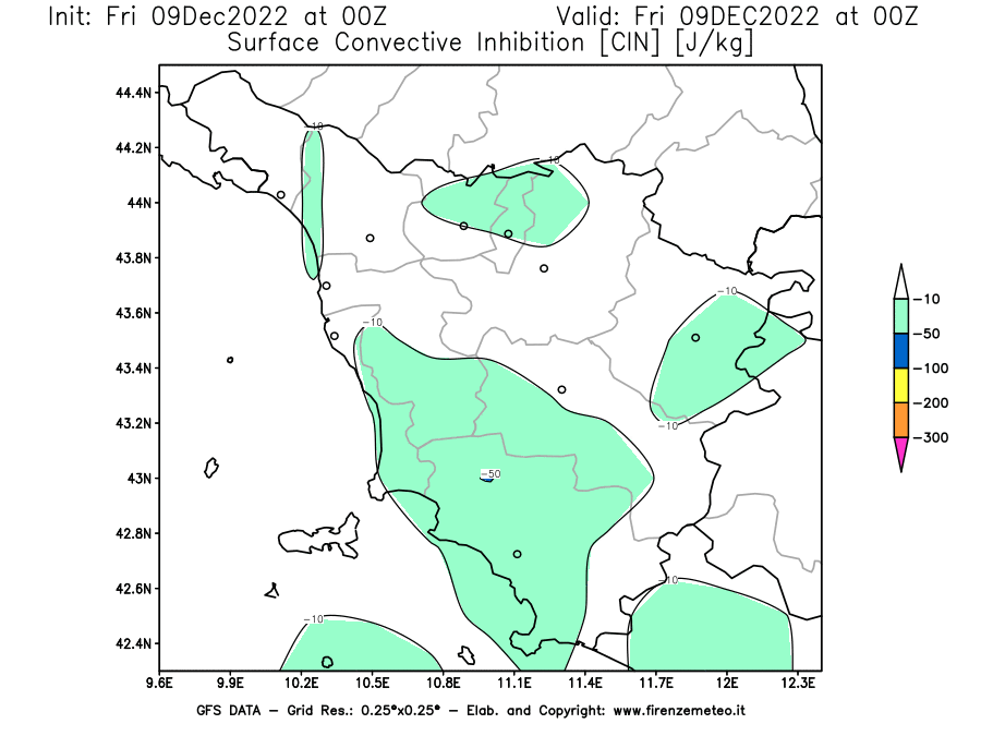 Mappa di analisi GFS - CIN [J/kg] in Toscana
							del 09/12/2022 00 <!--googleoff: index-->UTC<!--googleon: index-->