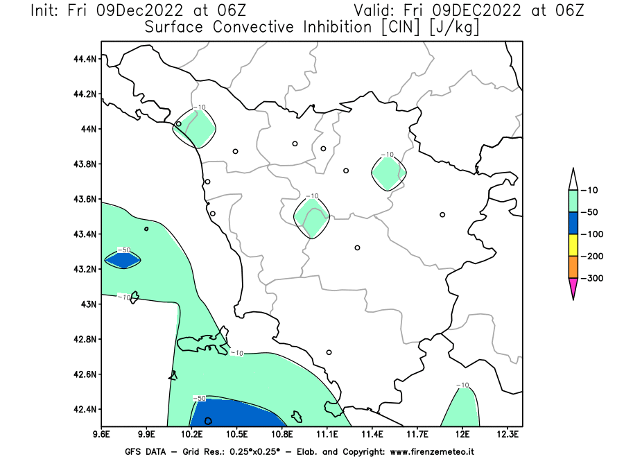 Mappa di analisi GFS - CIN [J/kg] in Toscana
							del 09/12/2022 06 <!--googleoff: index-->UTC<!--googleon: index-->