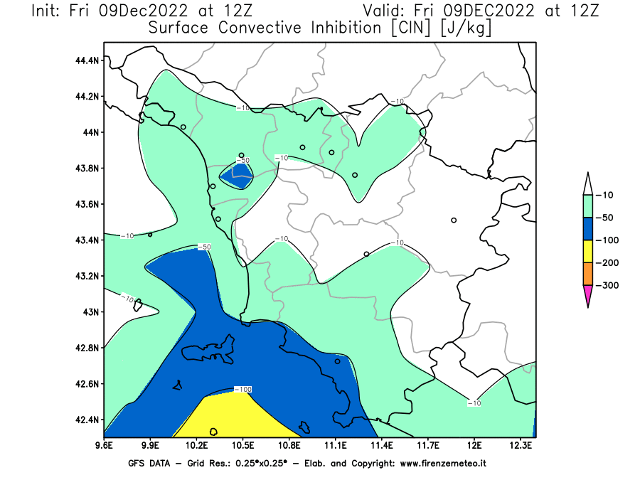 Mappa di analisi GFS - CIN [J/kg] in Toscana
							del 09/12/2022 12 <!--googleoff: index-->UTC<!--googleon: index-->