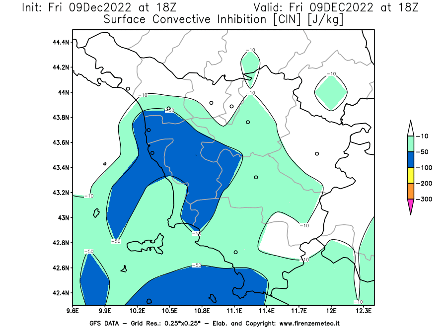 Mappa di analisi GFS - CIN [J/kg] in Toscana
							del 09/12/2022 18 <!--googleoff: index-->UTC<!--googleon: index-->