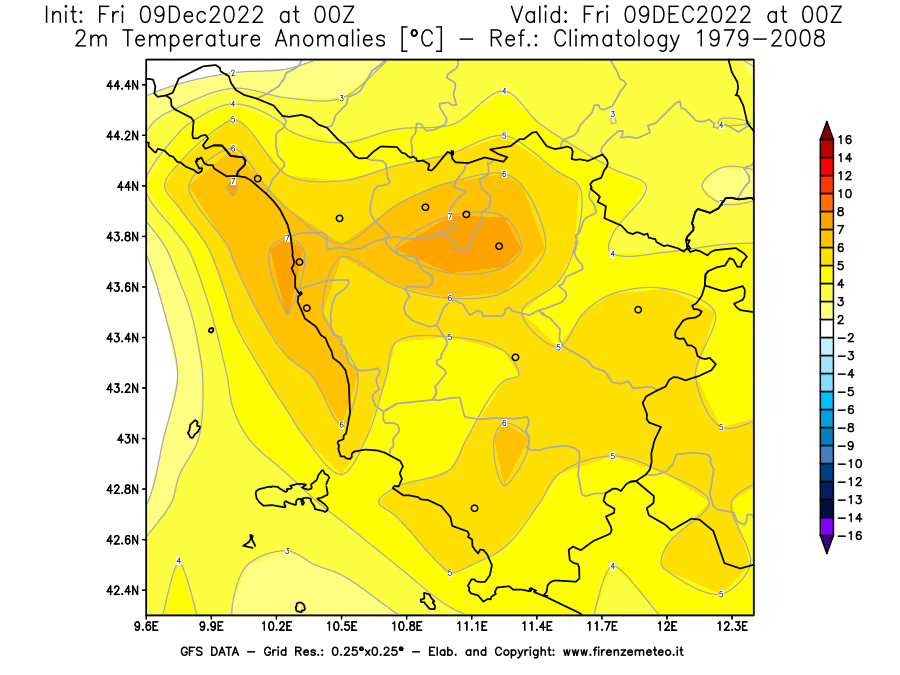 Mappa di analisi GFS - Anomalia Temperatura [°C] a 2 m in Toscana
							del 09/12/2022 00 <!--googleoff: index-->UTC<!--googleon: index-->