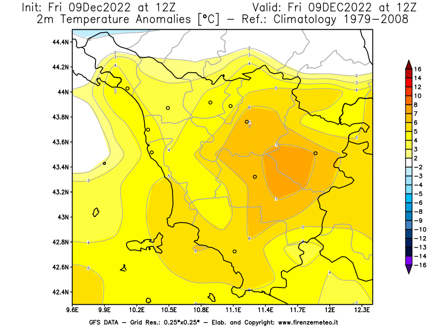 Mappa di analisi GFS - Anomalia Temperatura [°C] a 2 m in Toscana
							del 09/12/2022 12 <!--googleoff: index-->UTC<!--googleon: index-->