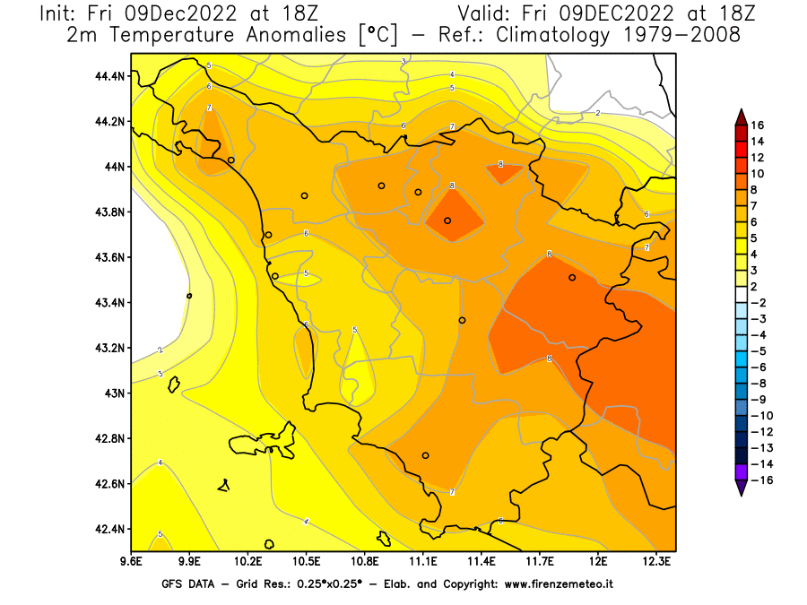 Mappa di analisi GFS - Anomalia Temperatura [°C] a 2 m in Toscana
							del 09/12/2022 18 <!--googleoff: index-->UTC<!--googleon: index-->