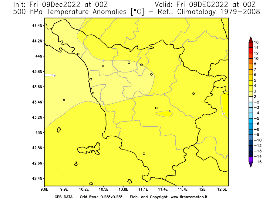 Mappa di analisi GFS - Anomalia Temperatura [°C] a 500 hPa in Toscana
							del 09/12/2022 00 <!--googleoff: index-->UTC<!--googleon: index-->