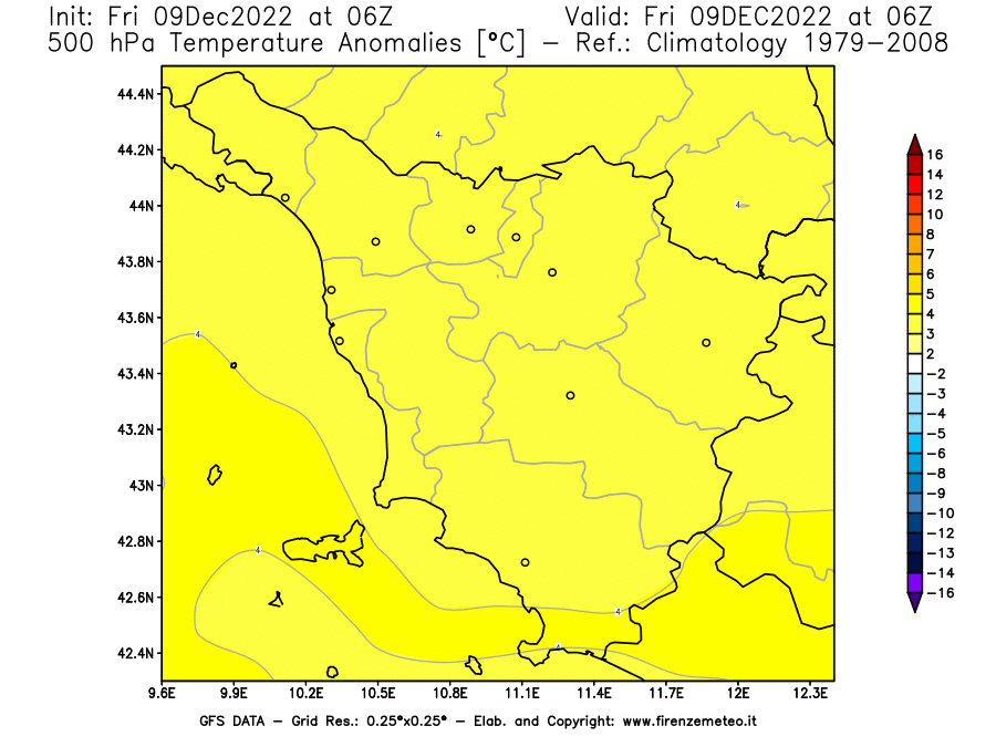 Mappa di analisi GFS - Anomalia Temperatura [°C] a 500 hPa in Toscana
							del 09/12/2022 06 <!--googleoff: index-->UTC<!--googleon: index-->
