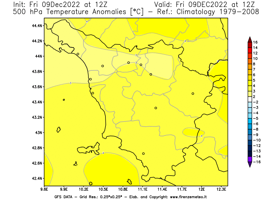 Mappa di analisi GFS - Anomalia Temperatura [°C] a 500 hPa in Toscana
							del 09/12/2022 12 <!--googleoff: index-->UTC<!--googleon: index-->