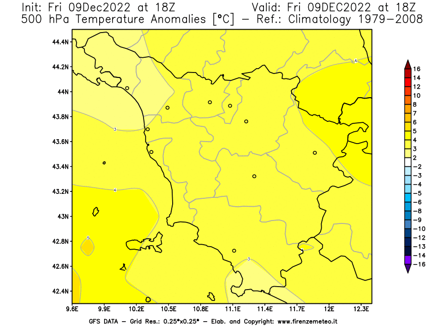 Mappa di analisi GFS - Anomalia Temperatura [°C] a 500 hPa in Toscana
							del 09/12/2022 18 <!--googleoff: index-->UTC<!--googleon: index-->
