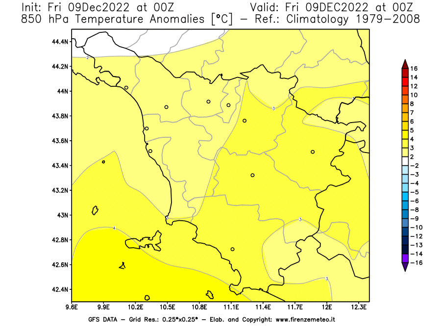Mappa di analisi GFS - Anomalia Temperatura [°C] a 850 hPa in Toscana
							del 09/12/2022 00 <!--googleoff: index-->UTC<!--googleon: index-->