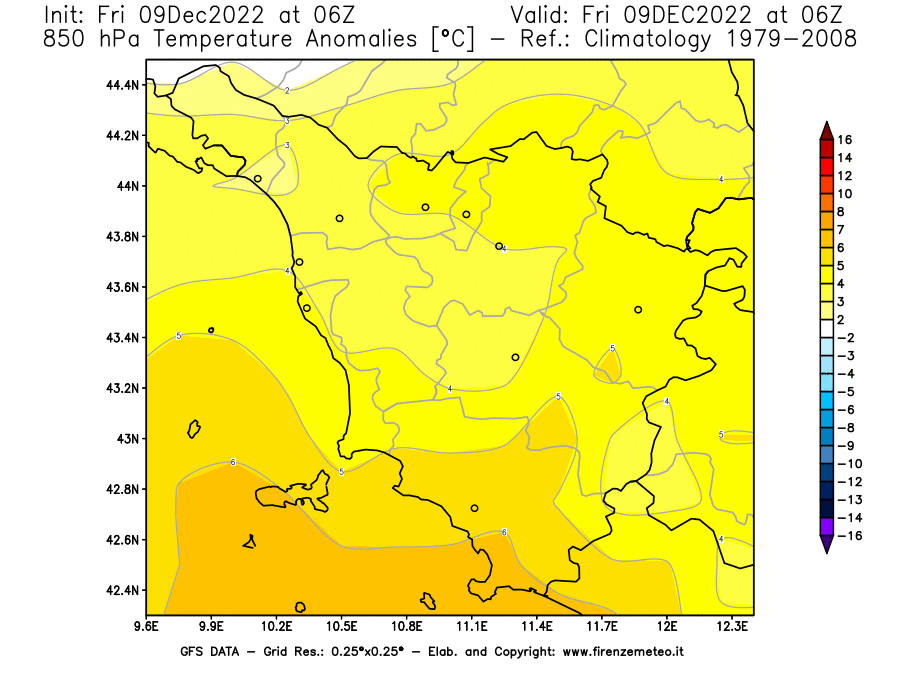 Mappa di analisi GFS - Anomalia Temperatura [°C] a 850 hPa in Toscana
							del 09/12/2022 06 <!--googleoff: index-->UTC<!--googleon: index-->