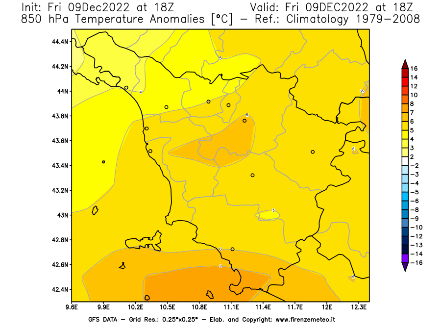 Mappa di analisi GFS - Anomalia Temperatura [°C] a 850 hPa in Toscana
							del 09/12/2022 18 <!--googleoff: index-->UTC<!--googleon: index-->