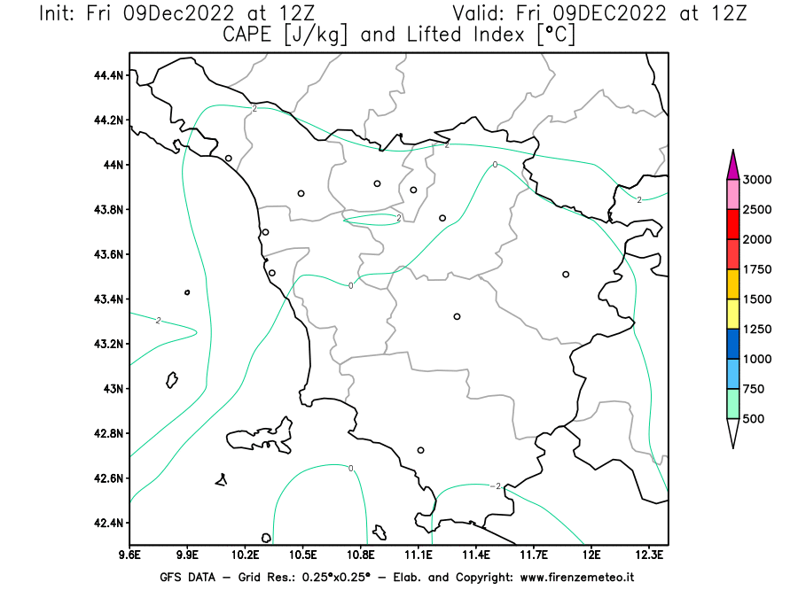Mappa di analisi GFS - CAPE [J/kg] e Lifted Index [°C] in Toscana
							del 09/12/2022 12 <!--googleoff: index-->UTC<!--googleon: index-->