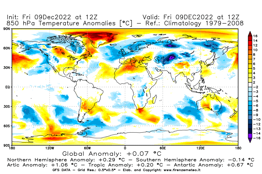 Mappa di analisi GFS - Anomalia Temperatura [°C] a 850 hPa in World
							del 09/12/2022 12 <!--googleoff: index-->UTC<!--googleon: index-->