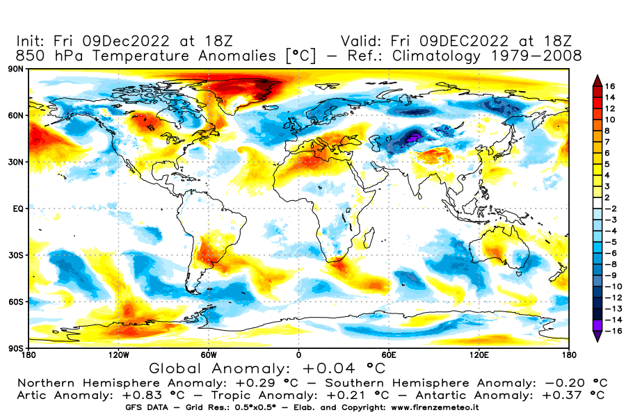 Mappa di analisi GFS - Anomalia Temperatura [°C] a 850 hPa in World
							del 09/12/2022 18 <!--googleoff: index-->UTC<!--googleon: index-->