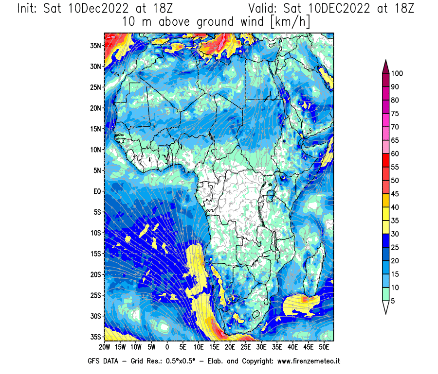 Mappa di analisi GFS - Velocità del vento a 10 metri dal suolo [km/h] in Africa
							del 10/12/2022 18 <!--googleoff: index-->UTC<!--googleon: index-->