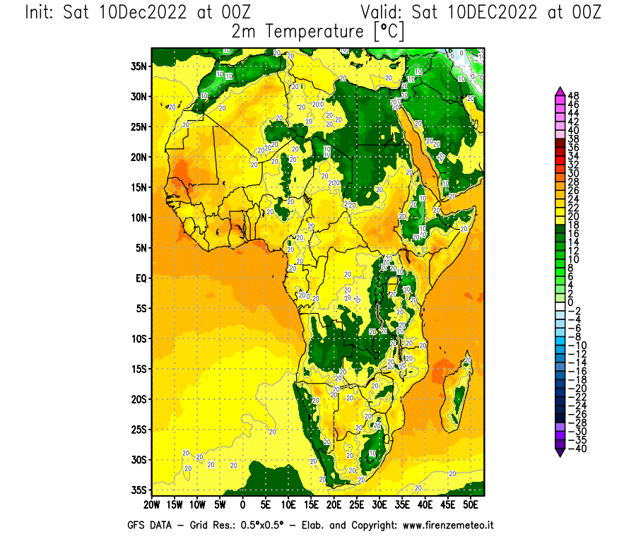 Mappa di analisi GFS - Temperatura a 2 metri dal suolo [°C] in Africa
							del 10/12/2022 00 <!--googleoff: index-->UTC<!--googleon: index-->