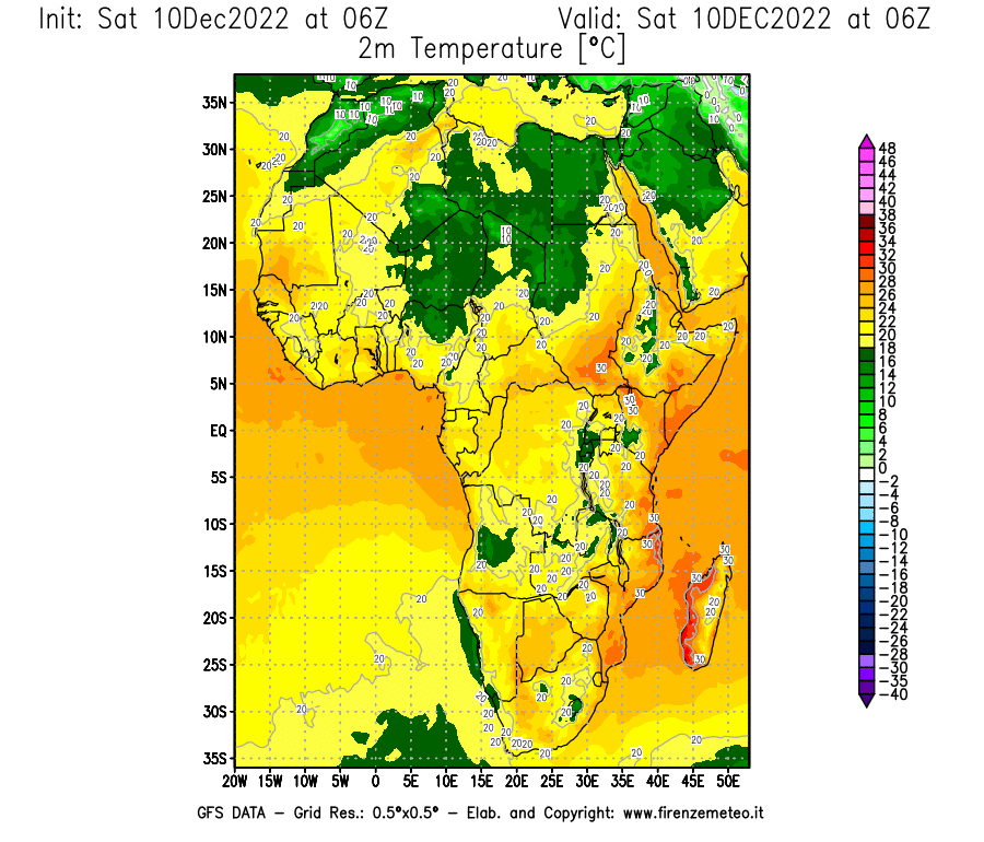 Mappa di analisi GFS - Temperatura a 2 metri dal suolo [°C] in Africa
							del 10/12/2022 06 <!--googleoff: index-->UTC<!--googleon: index-->