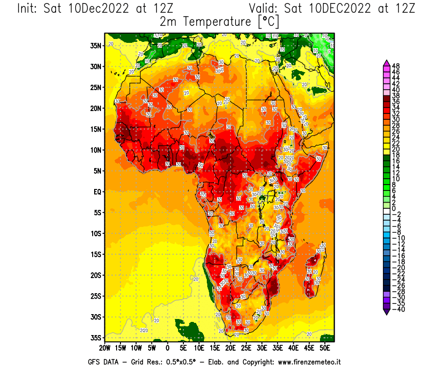 Mappa di analisi GFS - Temperatura a 2 metri dal suolo [°C] in Africa
							del 10/12/2022 12 <!--googleoff: index-->UTC<!--googleon: index-->