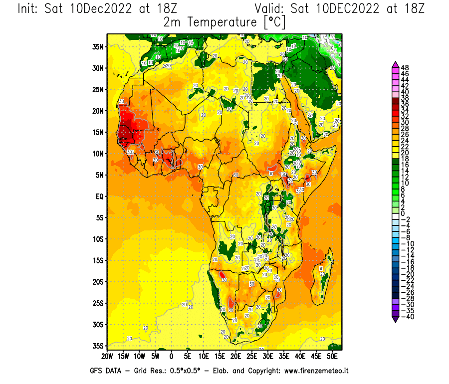Mappa di analisi GFS - Temperatura a 2 metri dal suolo [°C] in Africa
							del 10/12/2022 18 <!--googleoff: index-->UTC<!--googleon: index-->