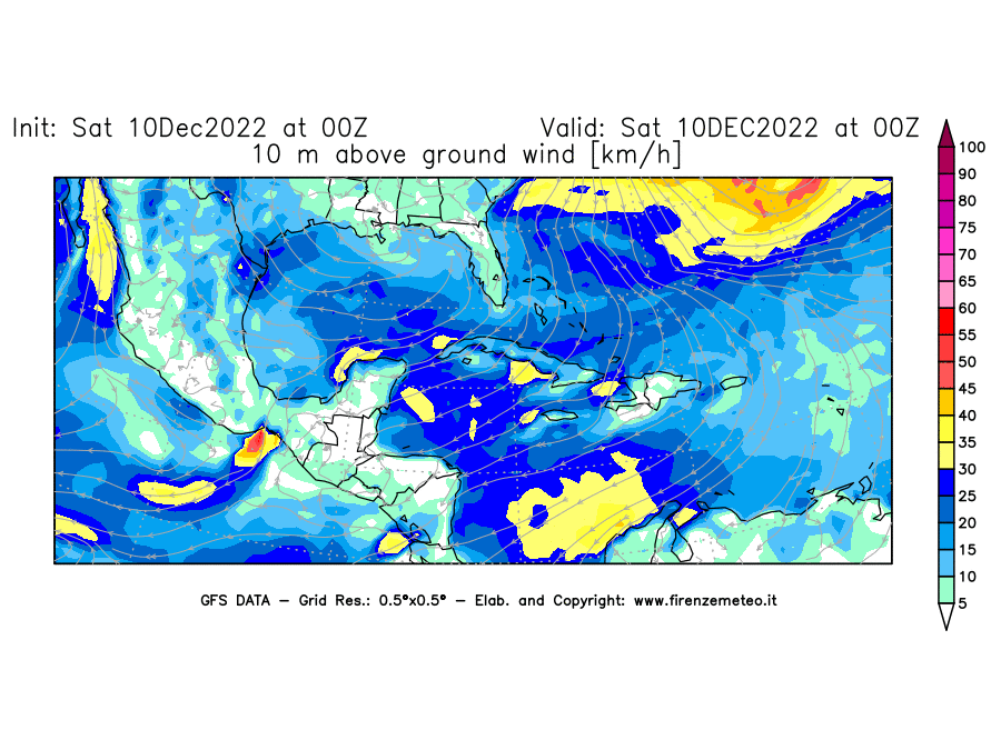 Mappa di analisi GFS - Velocità del vento a 10 metri dal suolo [km/h] in Centro-America
							del 10/12/2022 00 <!--googleoff: index-->UTC<!--googleon: index-->