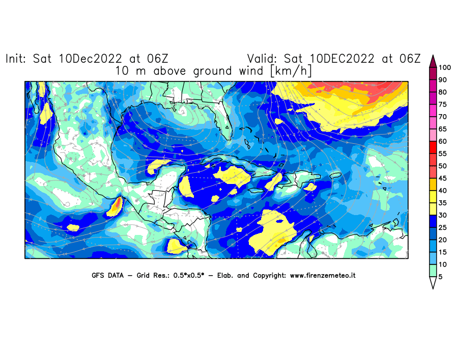 Mappa di analisi GFS - Velocità del vento a 10 metri dal suolo [km/h] in Centro-America
							del 10/12/2022 06 <!--googleoff: index-->UTC<!--googleon: index-->