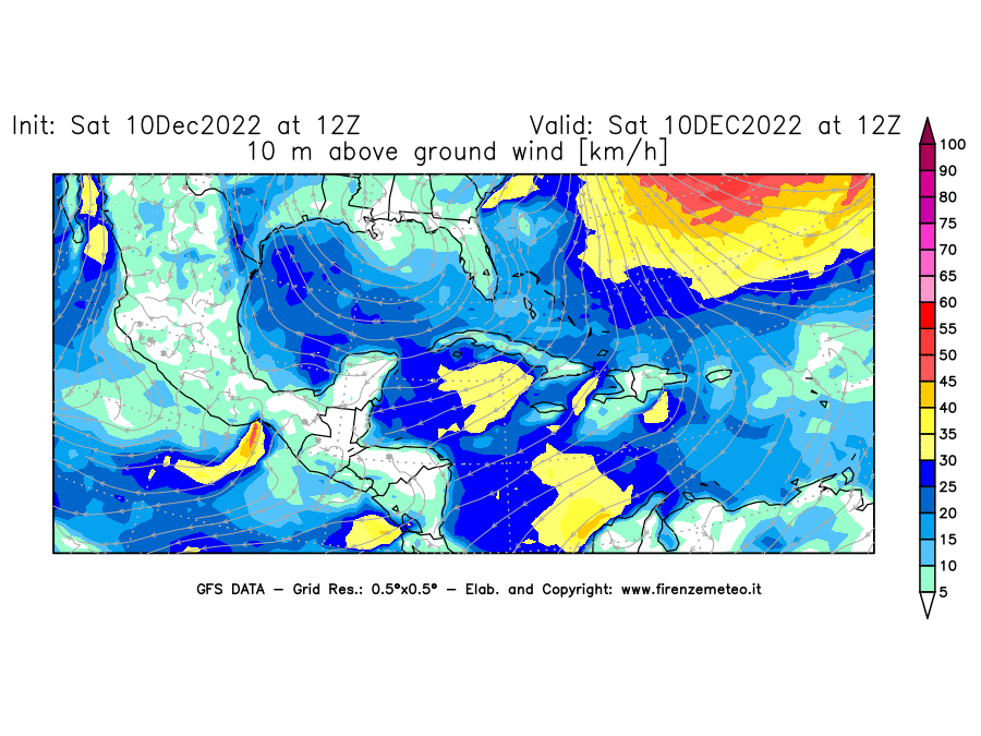 Mappa di analisi GFS - Velocità del vento a 10 metri dal suolo [km/h] in Centro-America
							del 10/12/2022 12 <!--googleoff: index-->UTC<!--googleon: index-->