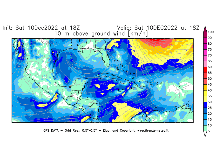 Mappa di analisi GFS - Velocità del vento a 10 metri dal suolo [km/h] in Centro-America
							del 10/12/2022 18 <!--googleoff: index-->UTC<!--googleon: index-->