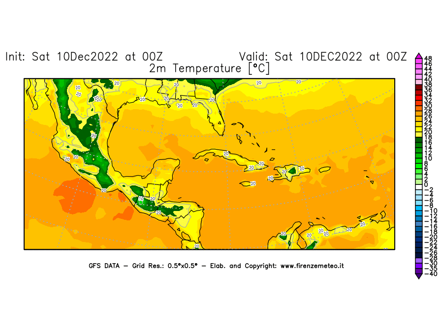 Mappa di analisi GFS - Temperatura a 2 metri dal suolo [°C] in Centro-America
							del 10/12/2022 00 <!--googleoff: index-->UTC<!--googleon: index-->