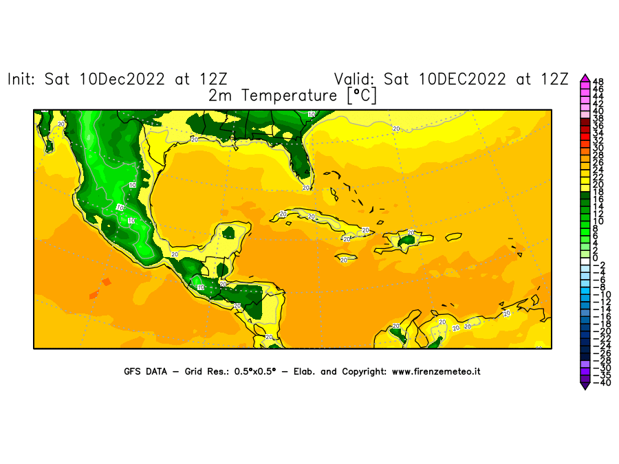 Mappa di analisi GFS - Temperatura a 2 metri dal suolo [°C] in Centro-America
							del 10/12/2022 12 <!--googleoff: index-->UTC<!--googleon: index-->
