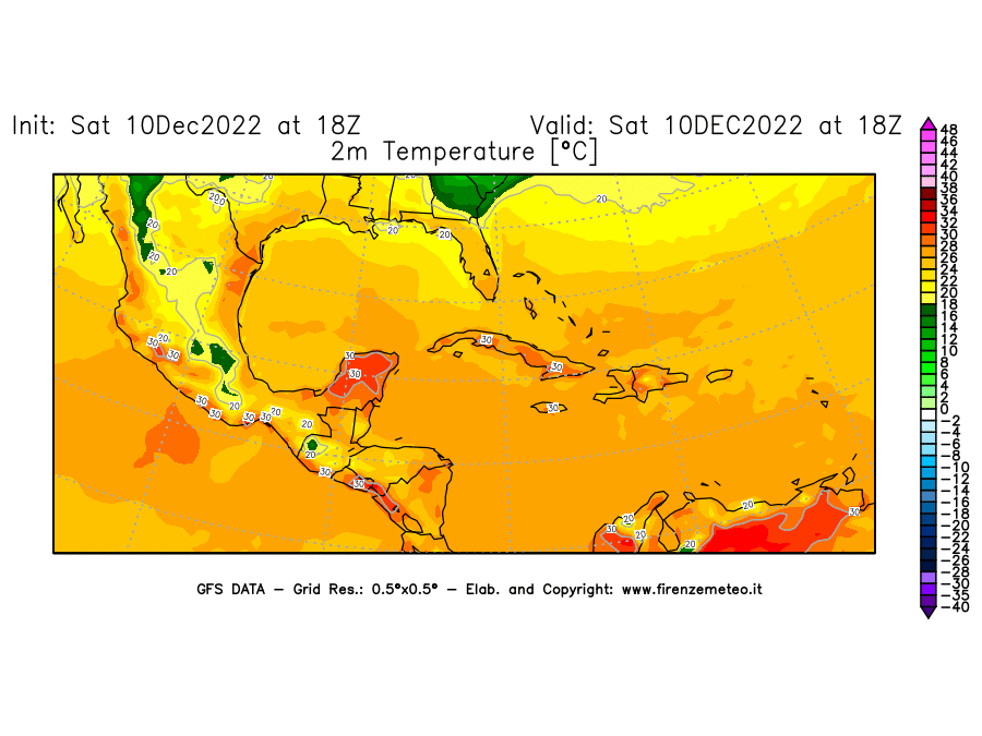 Mappa di analisi GFS - Temperatura a 2 metri dal suolo [°C] in Centro-America
							del 10/12/2022 18 <!--googleoff: index-->UTC<!--googleon: index-->
