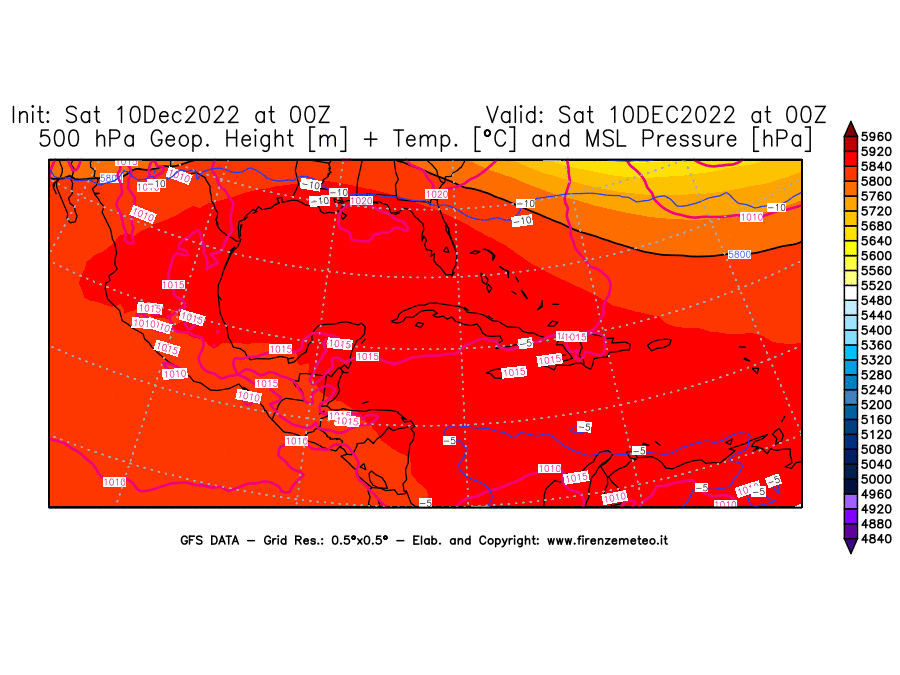 Mappa di analisi GFS - Geopotenziale [m] + Temp. [°C] a 500 hPa + Press. a livello del mare [hPa] in Centro-America
							del 10/12/2022 00 <!--googleoff: index-->UTC<!--googleon: index-->
