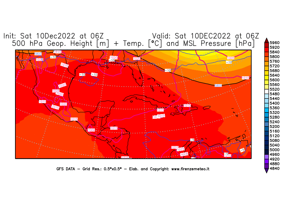 Mappa di analisi GFS - Geopotenziale [m] + Temp. [°C] a 500 hPa + Press. a livello del mare [hPa] in Centro-America
							del 10/12/2022 06 <!--googleoff: index-->UTC<!--googleon: index-->