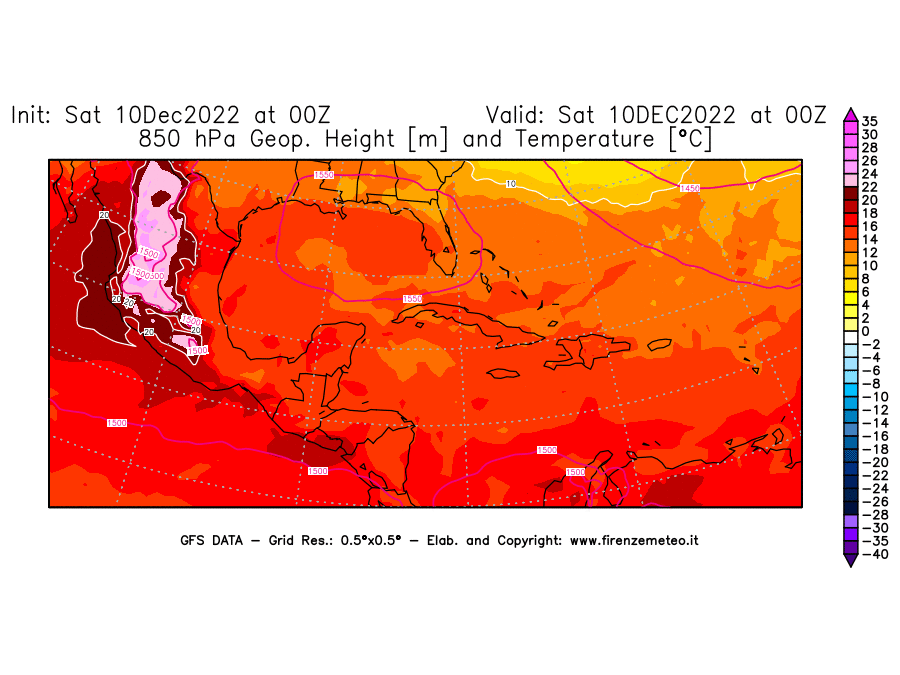 Mappa di analisi GFS - Geopotenziale [m] e Temperatura [°C] a 850 hPa in Centro-America
							del 10/12/2022 00 <!--googleoff: index-->UTC<!--googleon: index-->