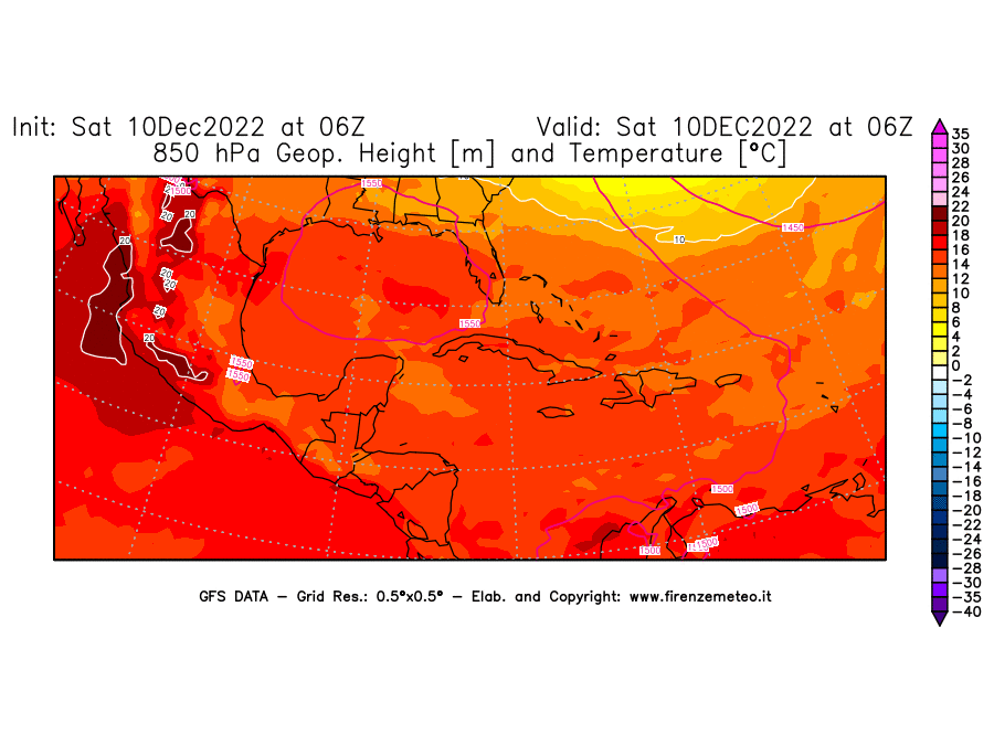 Mappa di analisi GFS - Geopotenziale [m] e Temperatura [°C] a 850 hPa in Centro-America
							del 10/12/2022 06 <!--googleoff: index-->UTC<!--googleon: index-->