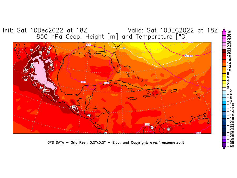 Mappa di analisi GFS - Geopotenziale [m] e Temperatura [°C] a 850 hPa in Centro-America
							del 10/12/2022 18 <!--googleoff: index-->UTC<!--googleon: index-->