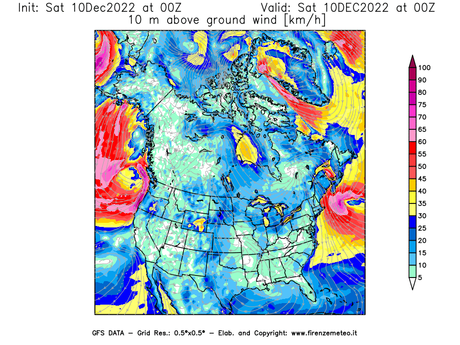 Mappa di analisi GFS - Velocità del vento a 10 metri dal suolo [km/h] in Nord-America
							del 10/12/2022 00 <!--googleoff: index-->UTC<!--googleon: index-->