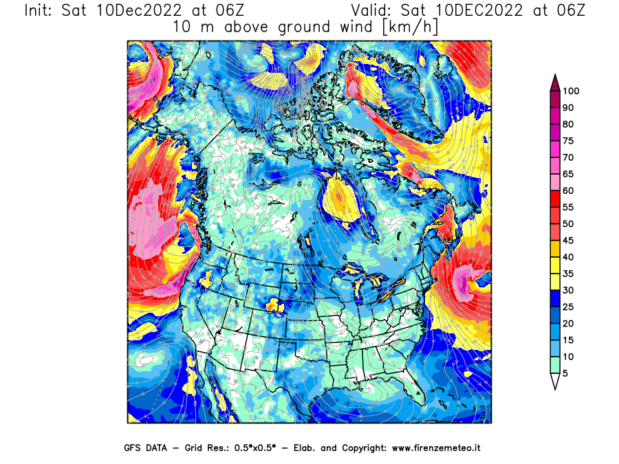 Mappa di analisi GFS - Velocità del vento a 10 metri dal suolo [km/h] in Nord-America
							del 10/12/2022 06 <!--googleoff: index-->UTC<!--googleon: index-->