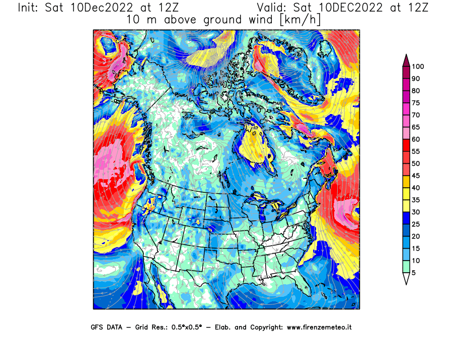 Mappa di analisi GFS - Velocità del vento a 10 metri dal suolo [km/h] in Nord-America
							del 10/12/2022 12 <!--googleoff: index-->UTC<!--googleon: index-->