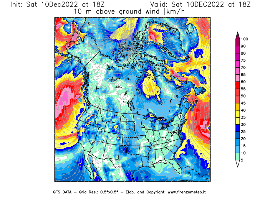 Mappa di analisi GFS - Velocità del vento a 10 metri dal suolo [km/h] in Nord-America
							del 10/12/2022 18 <!--googleoff: index-->UTC<!--googleon: index-->