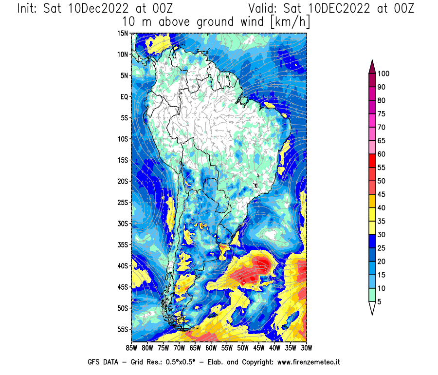 Mappa di analisi GFS - Velocità del vento a 10 metri dal suolo [km/h] in Sud-America
							del 10/12/2022 00 <!--googleoff: index-->UTC<!--googleon: index-->